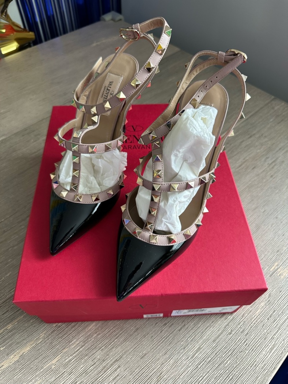 Valentino Garavani Rockstud Black Patent & Pink Leather T-Strap Pump